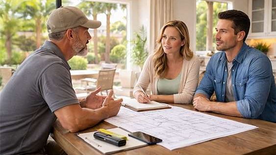 homeowner couple interviewing a contractor at dining table in Las Vegas home with renovation plans and notepad