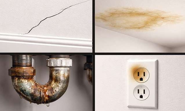Wall crack, ceiling water stain, corroded pipe joint, and burned electrical outlet showing common home repair warning signs