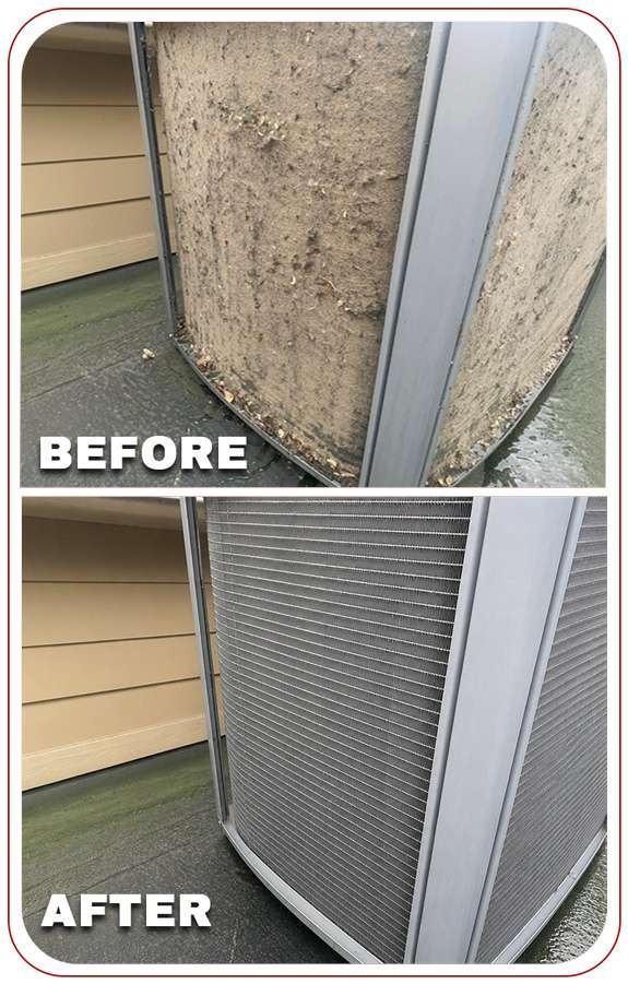 Before After shot of Dirty HVAC coils top image and Cleaned HVAC bottom image