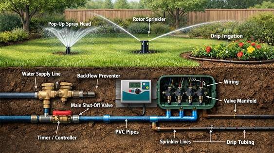 Diagram showing the underground components of a lawn sprinkler system.