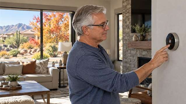 Las Vegas homeowner adjusting a digital thermostat before turning on the heating system for the first time in fall.