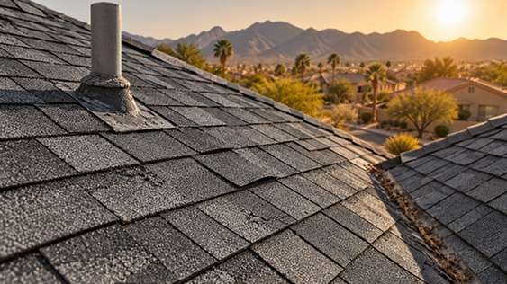 Weathered Las Vegas residential shingle roof showing heat and UV wear under intense desert sunlight.