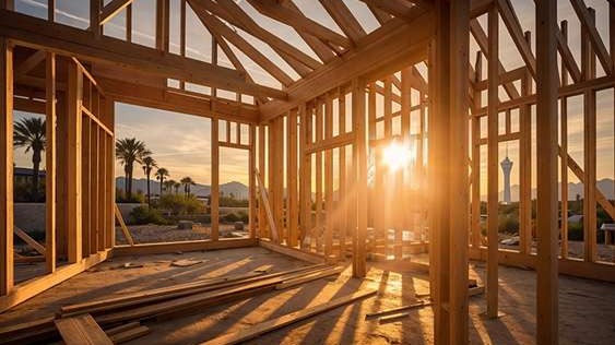 Interior framing of a custom home under construction in Las Vegas with desert landscape and mountains visible at sunset