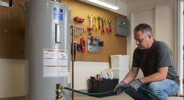 Homeowner flushing a residential water heater in a Las Vegas garage.