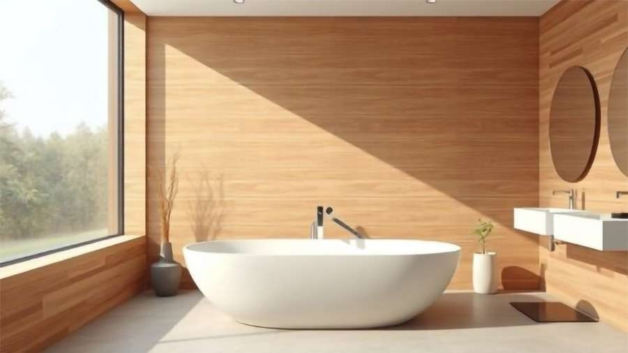Modern bathroom remodel with white bathtub and wooden accents.