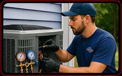 HVAC technician repairing AC unit in residential neighborhood Central Kentucky