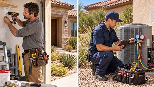 Handyman performing a general home repair beside an HVAC specialist servicing an air conditioning system at a Las Vegas home