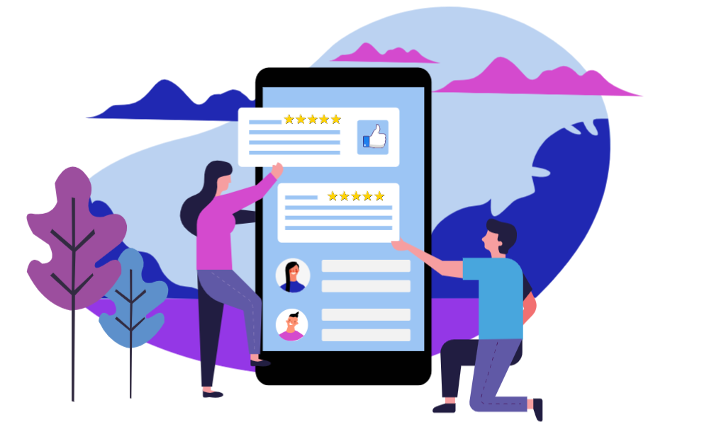 Illustration of two people creating 5 star reviews on a mobile phone