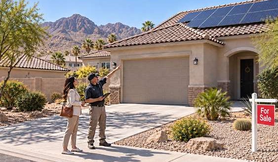 Potential homebuyer and solar inspector reviewing rooftop solar panels on a Las Vegas home for sale