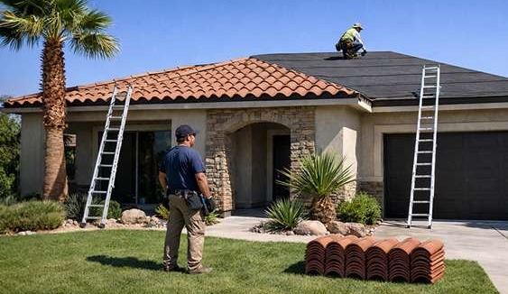 Roofers replacing a tile roof on a modern Las Vegas stucco home under bright desert sun