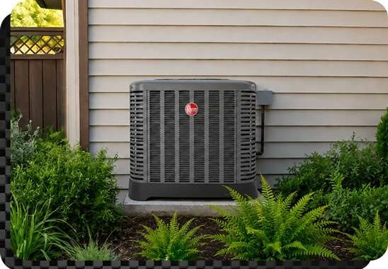 Heat pump installed in residential backyard along side of home, green plants