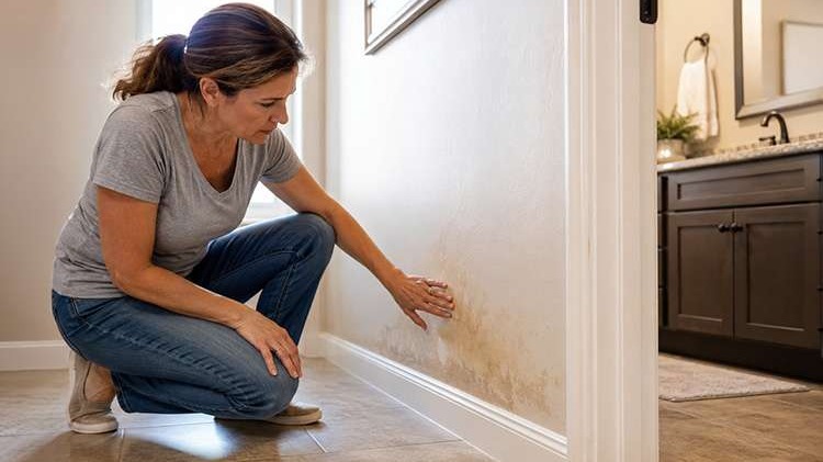 Homeowner inspecting stained wall near baseboard by bathroom in a Las Vegas home that may indicate a water leak