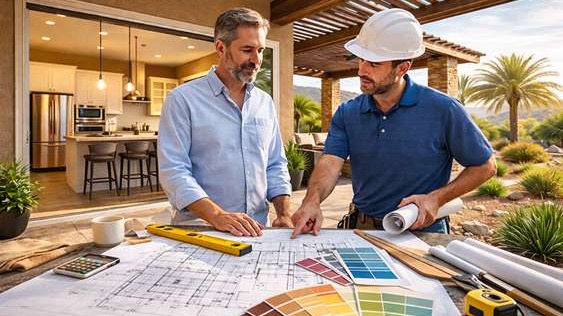 Las Vegas homeowner reviewing remodeling plans and budget with contractor in desert backyard 
