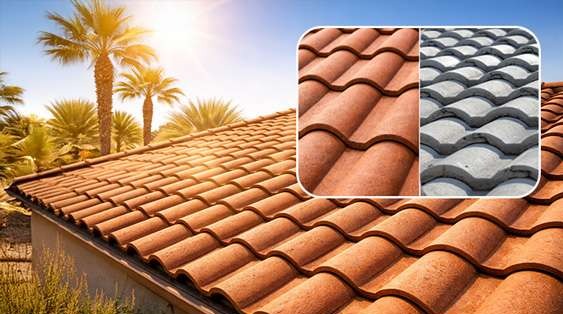 Clay tile roof on sunny day in Las Vegas with a small inset comparison of clay and concrete tiles