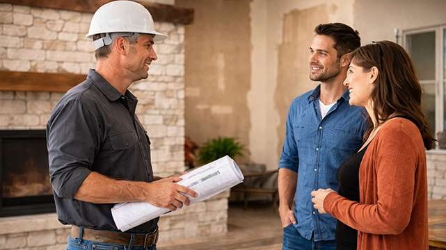 Contractor talking with young homeowners about their remodeling project