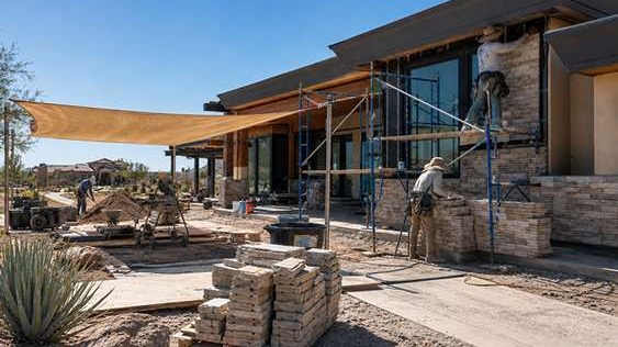 Construction workers installing stucco and stone exterior on a custom home in Las Vegas under intense desert sun with shade structures