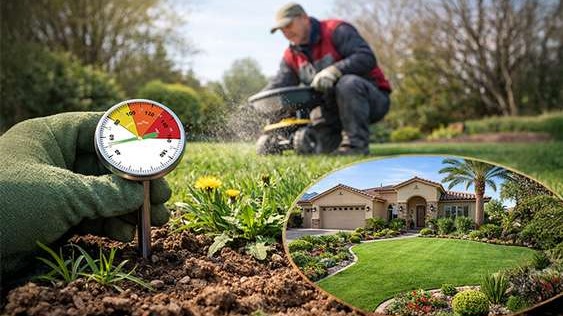 Landscaper spreading pre-emergent and showing a beautiful lawn in Las Vegas NV.