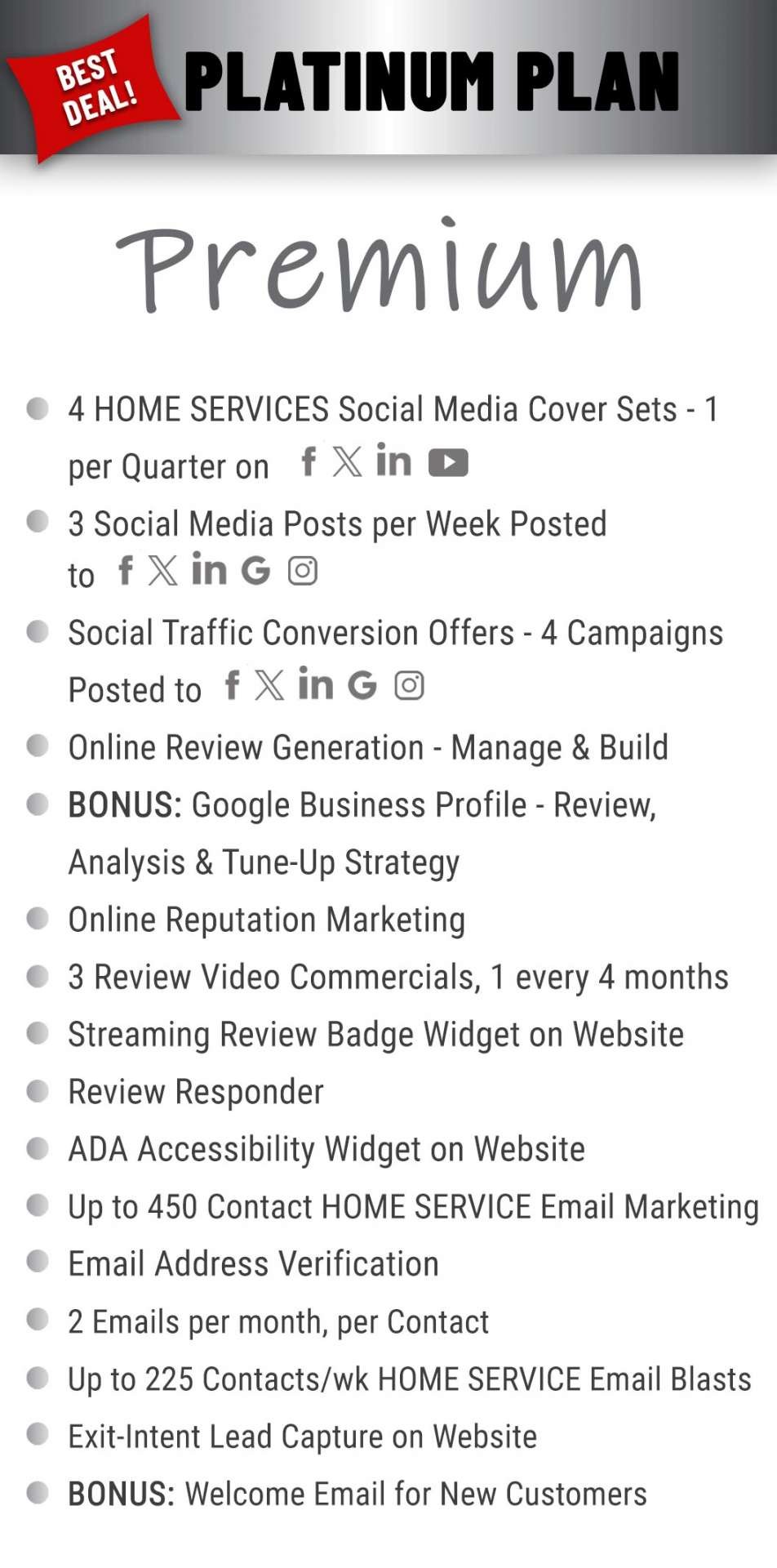 Platinum premium plan features for Home Service Companies.