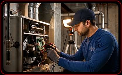 Technician repairing furnace in basement of Central Kentucky home.