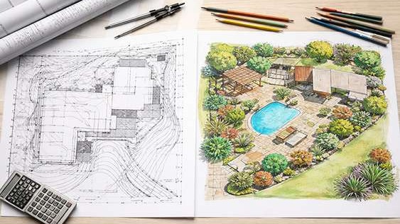 Landscape architecture blueprint with grading lines next to a colorful residential planting design plan on a drafting table