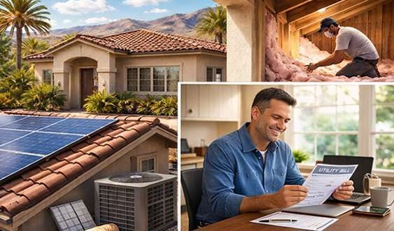 Las Vegas home with energy upgrades and homeowner smiling while reviewing utility bill