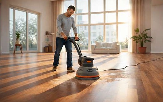 Waterborne hardwood floor finishing with floor sander in bright room.
