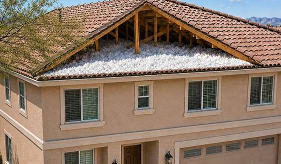 Two-story Las Vegas home with exposed attic framing and evenly installed blown insulation