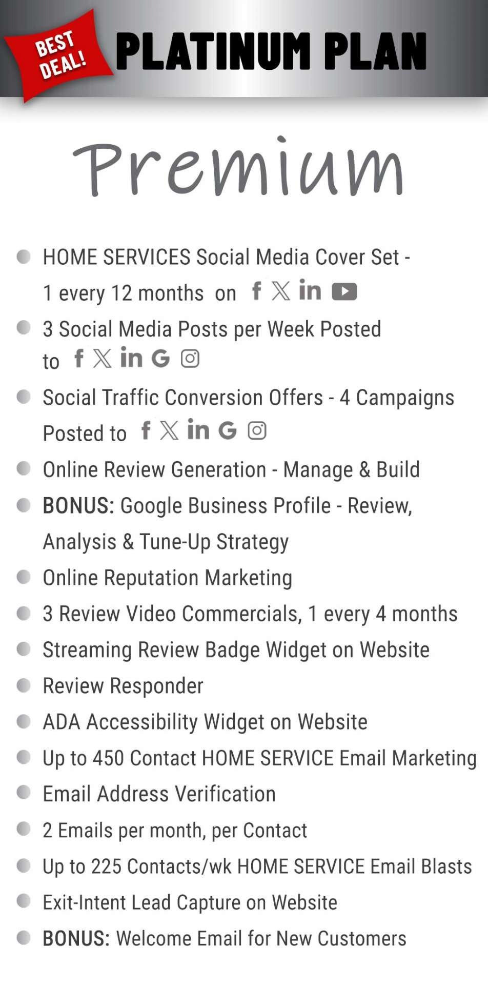 Platinum premium plan features for Home Service Companies.