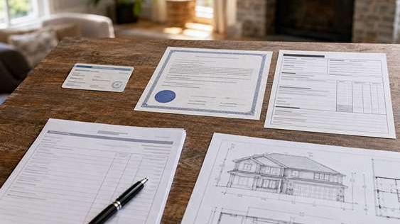 Contractor license card, surety bond document, insurance certificate, estimate, and house plans arranged for homeowner verification on table