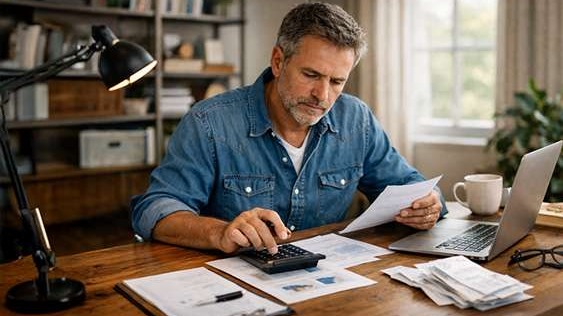 Homeowner reviewing roof maintenance costs and home insurance paperwork in home office.