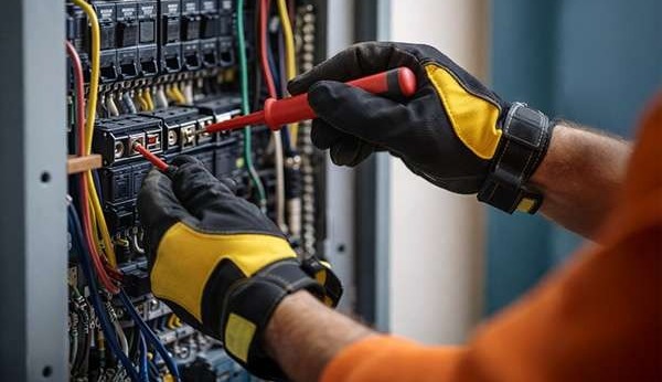 Electrician working on home electrical panel upgrade. 