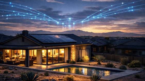 Las Vegas home with solar battery backup during power outage, glowing at dusk while nearby homes are dark and AI-powered grid demand is visualized in the sky