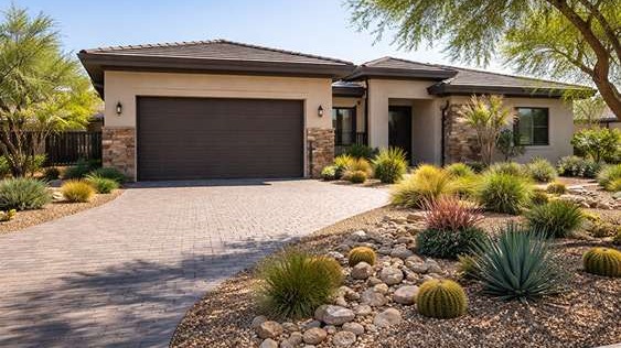 Modern Las Vegas home with desert landscaping, decorative rock, drought-tolerant plants, and shade trees boosting curb appeal and property value.