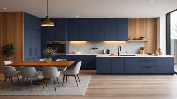 Modern kitchen designs with Navy blue cabinetry and wooden accents.