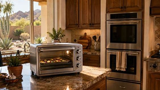 Countertop oven used for small meals to reduce kitchen energy use in a desert-climate home
