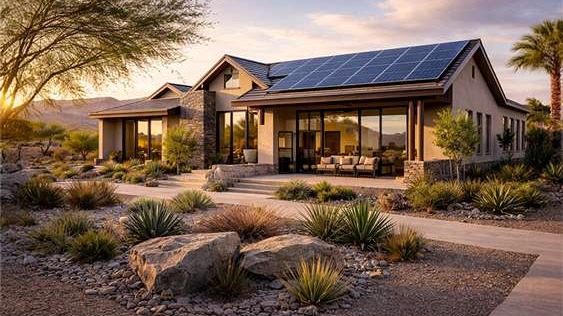 Energy-efficient desert home with solar panels, shaded windows, and drought-tolerant landscaping designed for sustainable living in Las Vegas.