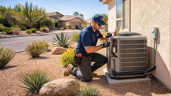 HVAC technician performing routine air conditioner maintenance on a residential AC unit beside a Las Vegas home with desert landscaping.