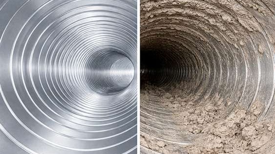 Split comparison image showing a clean metal air duct interior next to a dust-filled air duct with heavy debris buildup