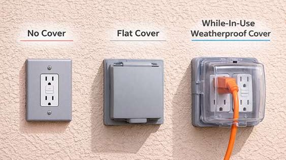 Comparison of outdoor electrical outlets showing no cover, flat cover, and while-in-use weatherproof cover on a stucco wall