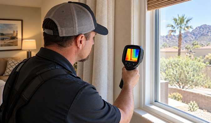 Energy auditor inspecting a Las Vegas home window and wall with a thermal imaging camera
