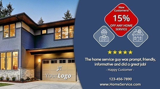 home services social media cover with 15% discount offer and a 5 star customer review.