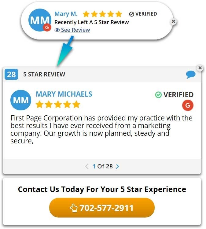 five star client review popup widget for business services website.