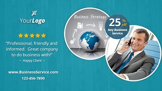 business services social media cover with 25% discount offer and a 5 star client review.