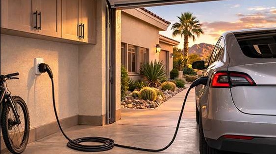Electric vehicle charging from a standard household outlet inside a Las Vegas garage with desert landscaping visible outside