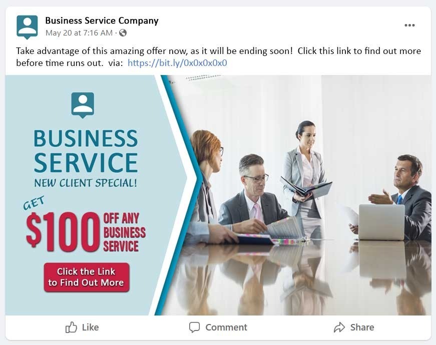 social offer post, $100 off any business service