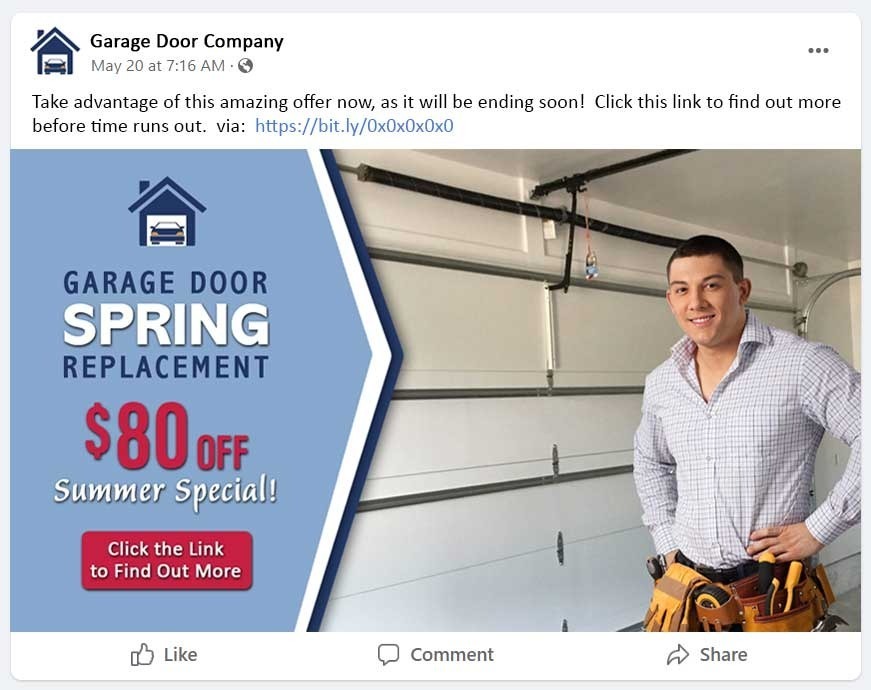 social offer post, $80 off garage door spring replacement.