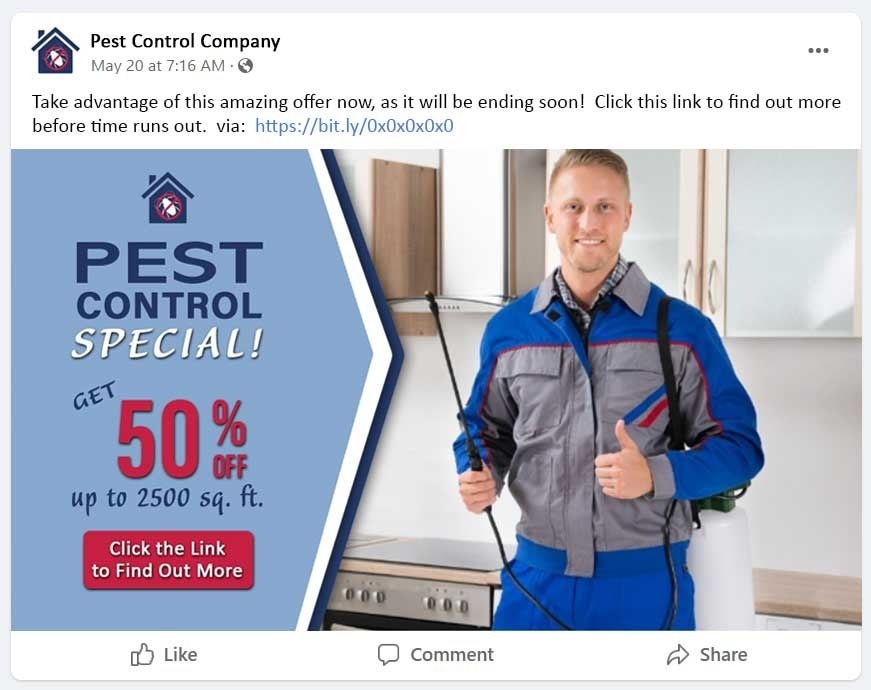 social offer post, 50% off pest control services up to 2500 sq. ft. .