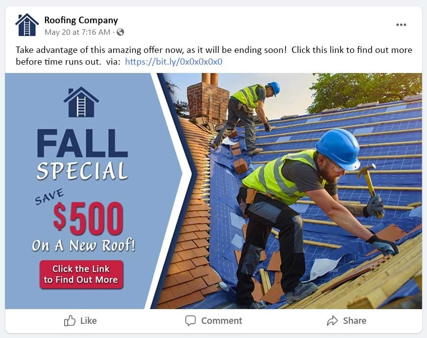 social offer post, save $500 off new roof