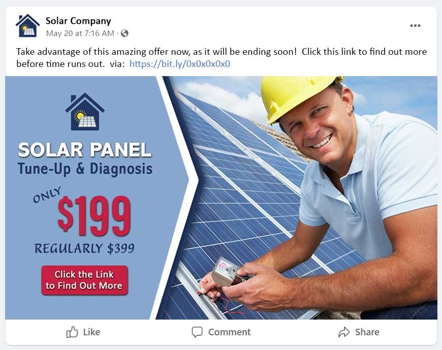 social offer post, $199 solar tune-up and diagnosis.