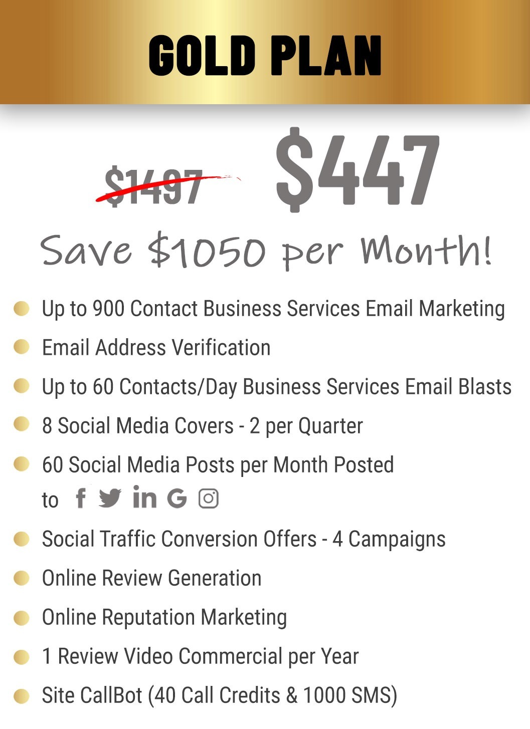 gold plan $447 per month pricing and features for business services.